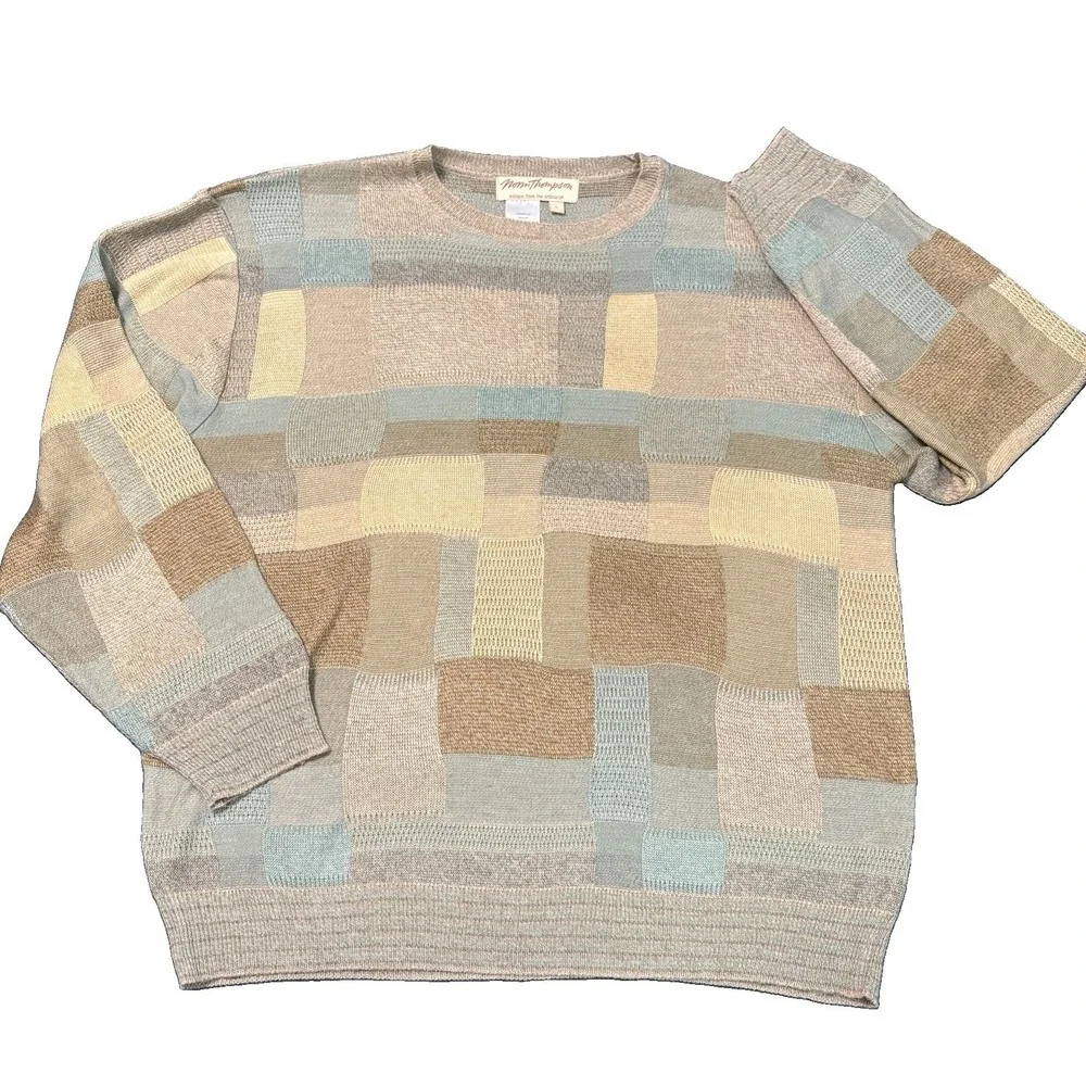 VTG Norm Thompson Patchwork Knit Sweater Large L EUC Geometric Block Pattern 90s